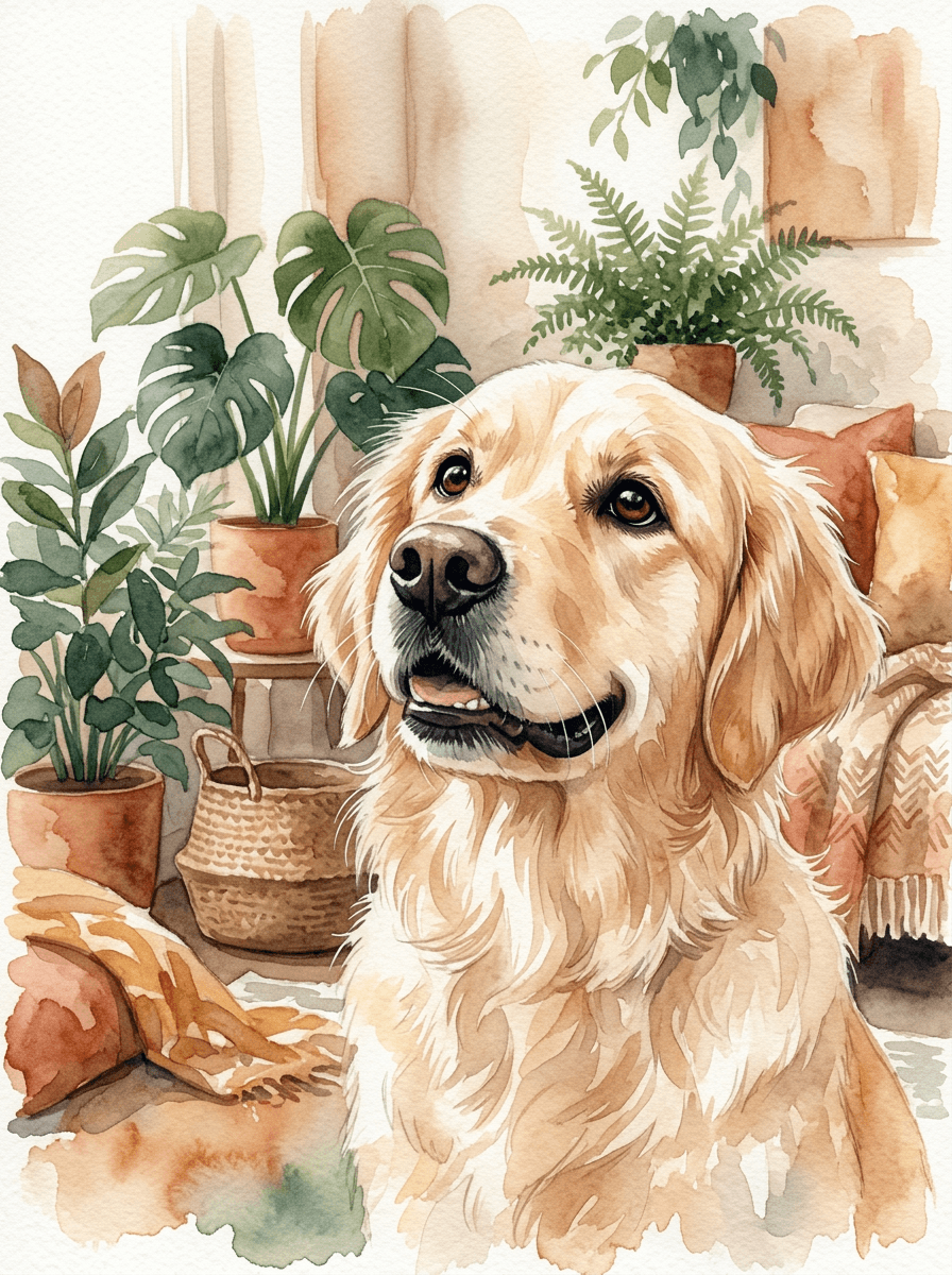 A happy dog looking up with trust and hope, warm watercolor illustration representing the transformation journey